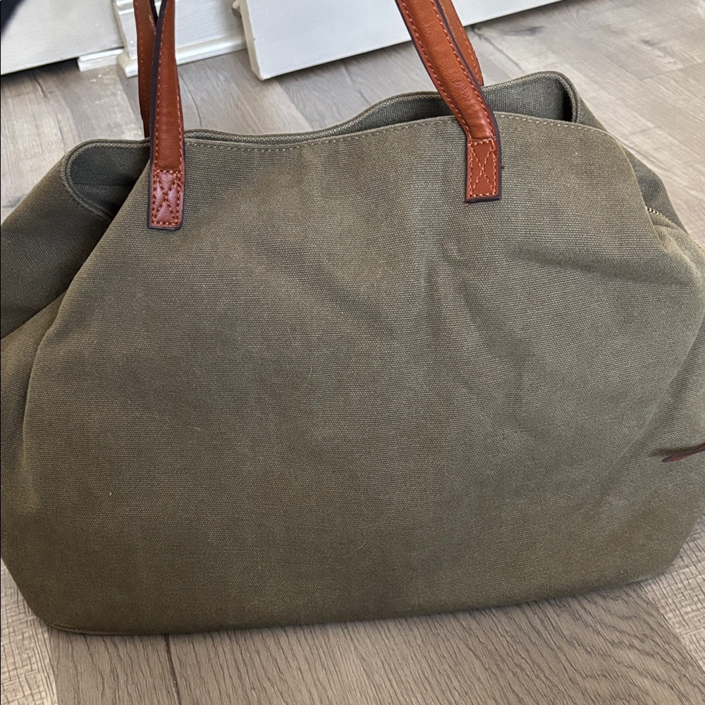 Olive Green Tote Bag with Brown Handles